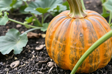 Obraz premium Close-Up of a Ripe Pumpkin in a Garden Bed for Autumn Harvest and Seasonal Themes