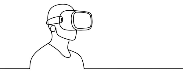 One continuous line drawing of glasses of virtual reality. Virtual game concept. Single line draw design vector graphic illustration.