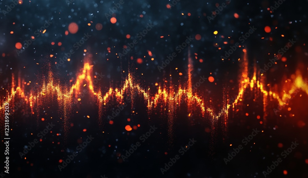 Poster abstract fiery wave energy pattern with glowing particles on dark background.