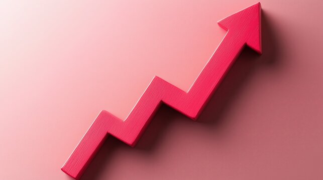 A red arrow pointing upwards on a pink background. The arrow is made of a material that looks like it's made of wood