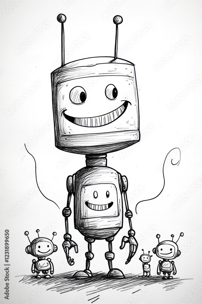Poster a large robot with a big smile stands over three smaller robots.