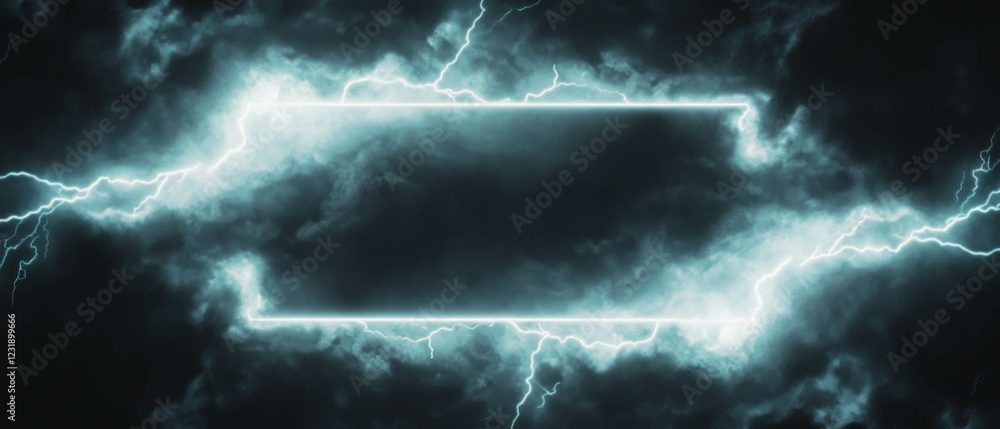 Poster lightning frame overlay with natural background and stormy sky in dramatic setting