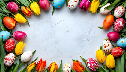 spring banner with copy space, easter eggs frame. multi colored border with many Assorted eggs and tulips flowers isolated on white background. 