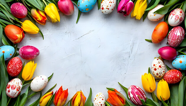spring banner with copy space, easter eggs frame. multi colored border with many Assorted eggs and tulips flowers isolated on white background. 