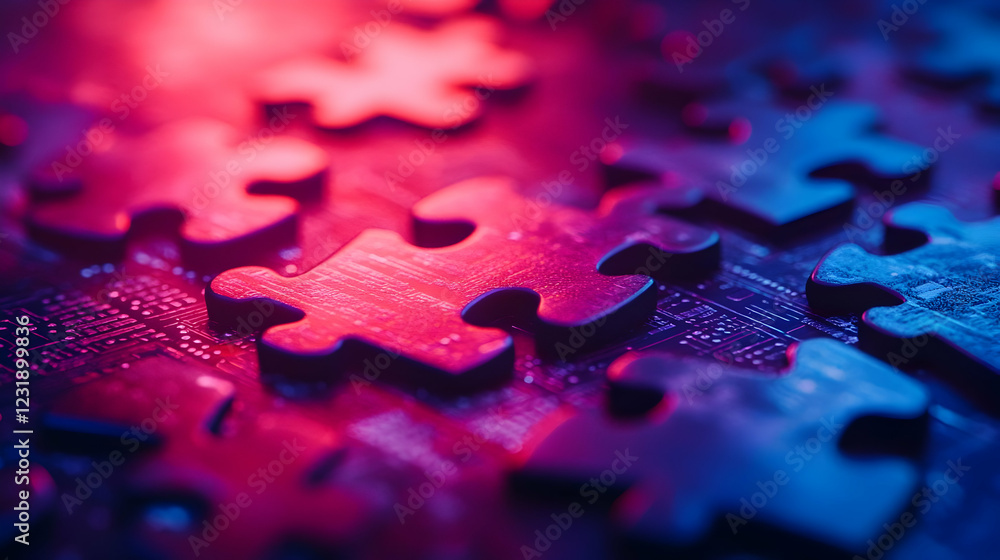 Poster puzzle pieces on circuit board, problem solving