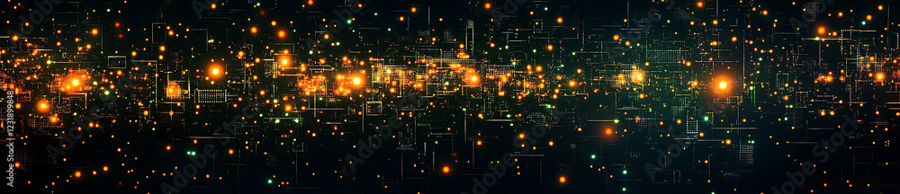 Poster digital pattern with glowing lights and circuit like structures creates mesmerizing night vision eff