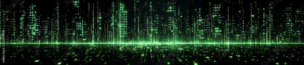 Poster digital cityscape with glowing green matrix patterns, creating futuristic atmosphere. scene evokes s