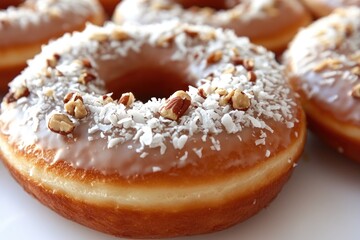 Close-up shot of a plate of doughnuts with nuts, perfect for food or lifestyle photography