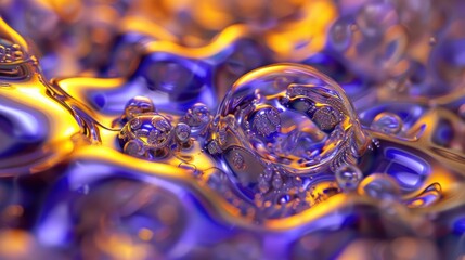 Abstract Liquid Reflections: A Symphony of Blue and Gold