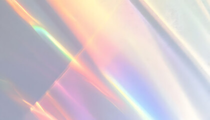 Blurred rainbow light refraction flare on a white wall. abstract background, holographic overlay effect for photo, mockups, presentations