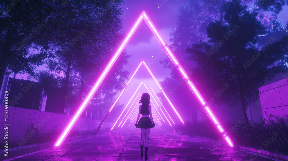 Poster neon light tunnel perspective. vector realistic illustration of dark hall with triangular shape geom