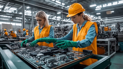 Focused female factory workers assembling electronic components in a brightly lit industrial plant. Women in safety vests, gloves, and hard hats working with precision on circuit boards in a busy manu