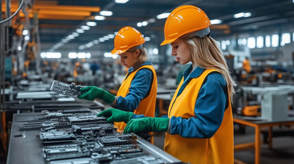 Focused female factory workers assembling electronic components in a brightly lit industrial plant. Women in safety vests, gloves, and hard hats working with precision on circuit boards in a busy manu
