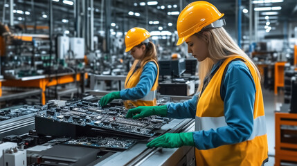 Focused female factory workers assembling electronic components in a brightly lit industrial plant. Women in safety vests, gloves, and hard hats working with precision on circuit boards in a busy manu