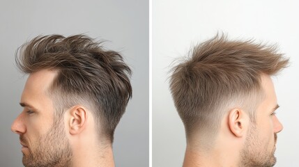 Obraz premium Side-by-side comparison of trendy men's hairstyle before and after professional styling.