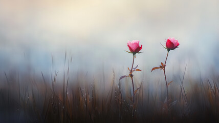 霧の中に咲く露に濡れたピンクのバラ