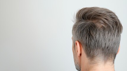 Obraz premium Rear view of a person with a stylish gray hairstyle against a neutral background, showcasing modern personal grooming.