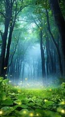 Fototapeta premium Mystical fireflies dance among lush greenery in enchanted forest nature scene tranquil environment dreamlike viewpoint
