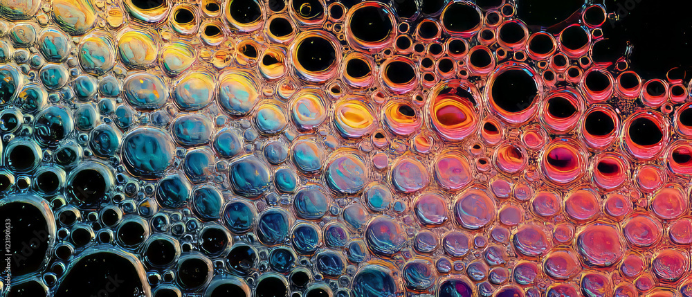 Poster liquid bubbles create a shiny texture with reflections on a black background