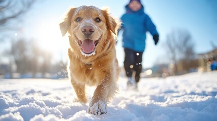 Joyful dog plays in snowy winter wonderland with cheerful companion