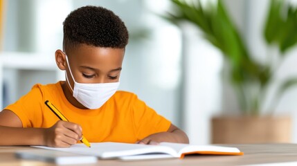 Schoolboy writing diligently in class while wearing a face mask indoors