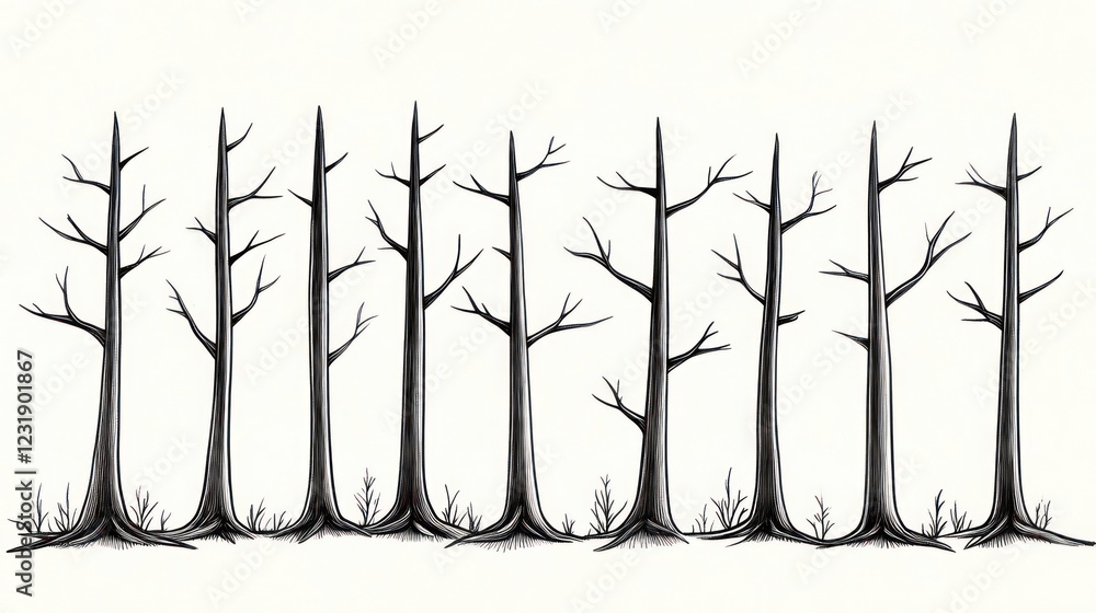 Poster a row of nine bare trees with branches reaching towards the sky, standing against a white background