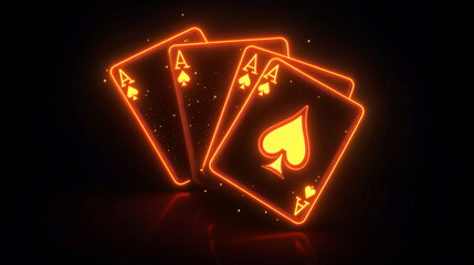 4 Aces Playing Cards Symbols With Futuristic Glowing Neon Lights Isolated On The Black Background - 3D Illustration