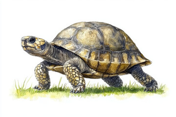 Obraz premium Detailed watercolor painting of a tortoise walking on grass.