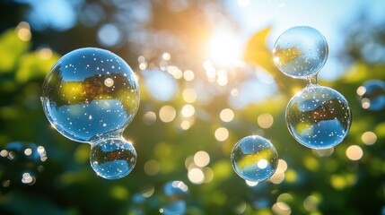 Sunlight bubbles floating, green nature bokeh