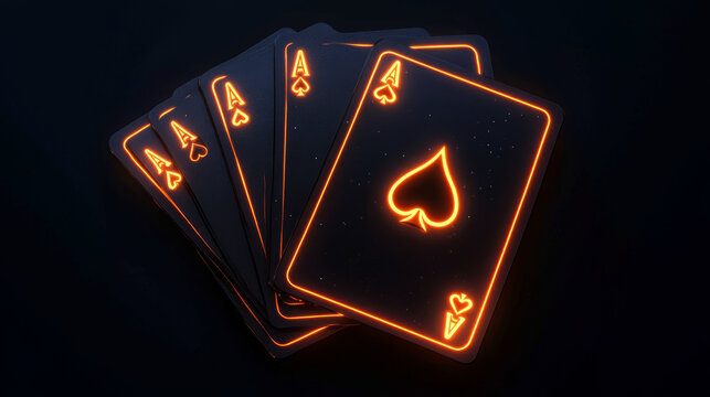 4 Aces Playing Cards Symbols With Futuristic Glowing Neon Lights Isolated On The Black Background - 3D Illustration