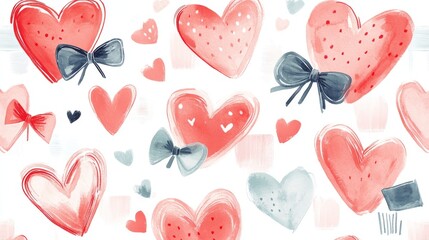 Valentine coquette bow heart seamless pattern, Red pink white holiday ribbon printable repeat digital paper background wallpaper