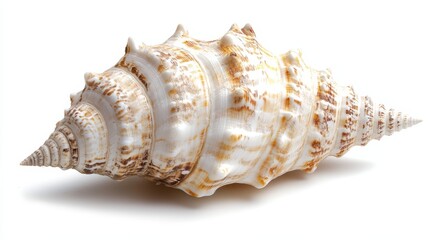 Spiral seashell with brown and white stripes isolated on white background.