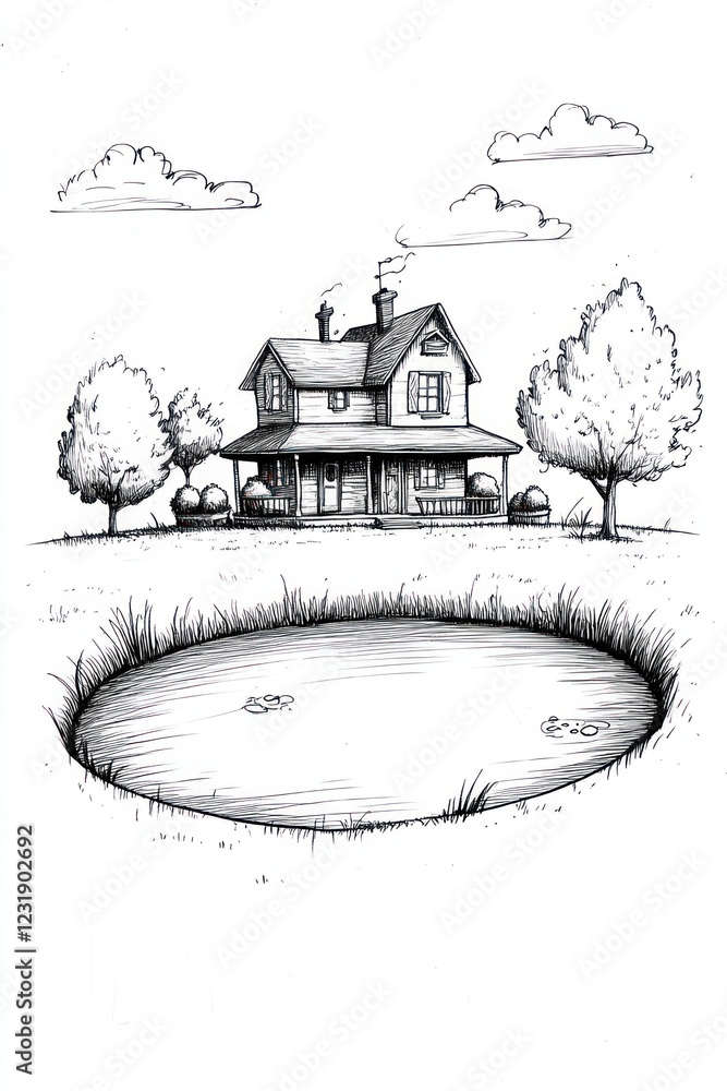 Poster a simple black and white drawing of a house with a pond in the foreground and clouds in the backgrou