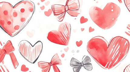 Valentine coquette bow heart seamless pattern, Red pink white holiday ribbon printable repeat digital paper background wallpaper