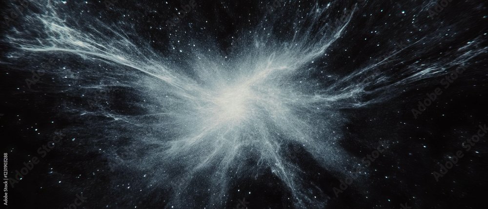 Poster exploration of macro dust with central focus and intricate details on a black background