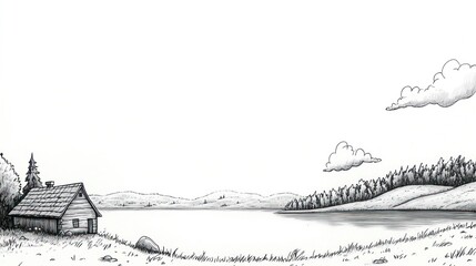 A simple black and white drawing of a small cottage by a lake with rolling hills in the background.