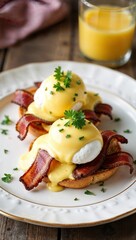A plate of keto eggs Benedict with a cloud bread base, poached eggs, hollandaise sauce, and crispy bacon, garnished with fresh parsley