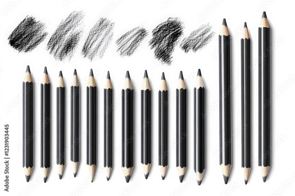 Poster collection of black pencils and sketches arranged artistically on a clean surface for drawing exerci