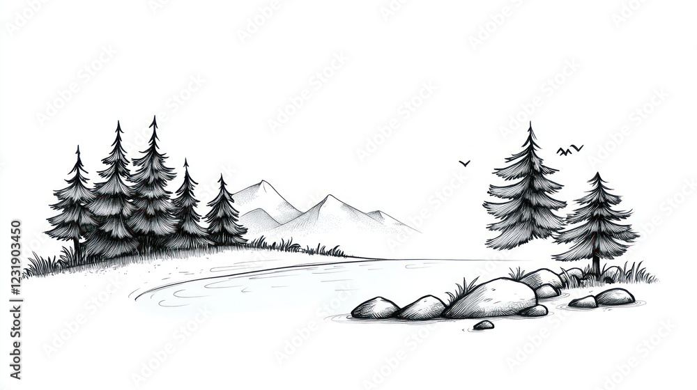 Poster a simple black and white drawing of a peaceful lake scene with mountains in the background and pine 