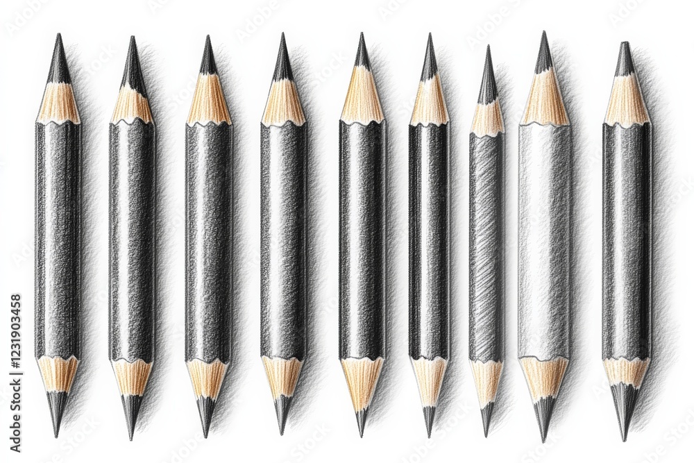 Poster Collection of black and white pencils arranged in a neat row on a blank background