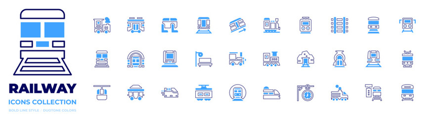 Railway icon collection. Bold line style. Duotone colors. bullet train, train, funicular, carriage, metro, train stop, subway, locomotive, clock, gold mine