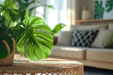 Fototapeta premium A comfortable living room with various furniture pieces and a potted plant