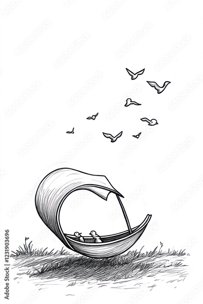Poster a simple black and white illustration of a boat with a sail tilted on its side with two figures insi