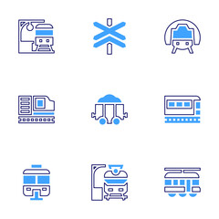 Railway icon set. Bold line style. Duotone colors. Editable stroke. train station, level crossing, monorail, carriage, freight wagon, train, tram