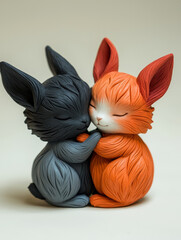 Obraz premium Hugging bunnies, grey and orange, crafted in clay.