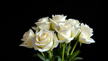Fototapeta premium A refined and graceful bouquet of white roses, their petals velvety and luminous, artfully arranged with gentle green stems, contrasted beautifully by a rich black background