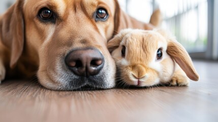 Dog and bunny enjoy a cozy afternoon together in the living room