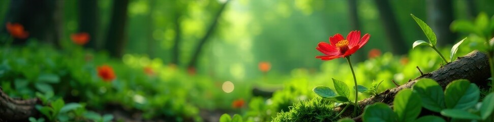 Obraz premium Red flower amidst the greenery of the forest floor, forest, flowers