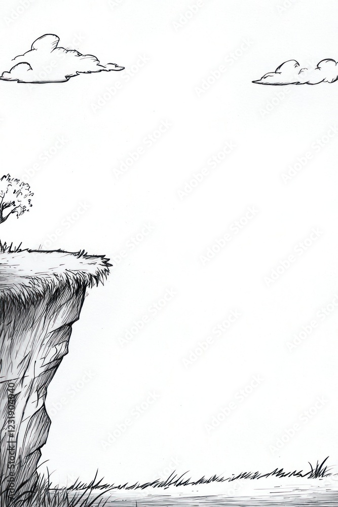 Poster a simple black and white illustration of a cliff with a lone tree and clouds in the sky.