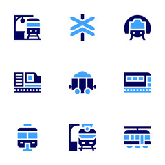 Railway icon set. Bold style. Duotone colors. train station, level crossing, monorail, carriage, freight wagon, train, tram
